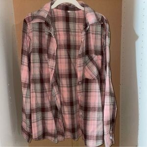 Pink and Brown Plaid Flannel Button Down